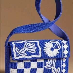Anthropologie Blue and White Floral Beaded Shoulder Bag